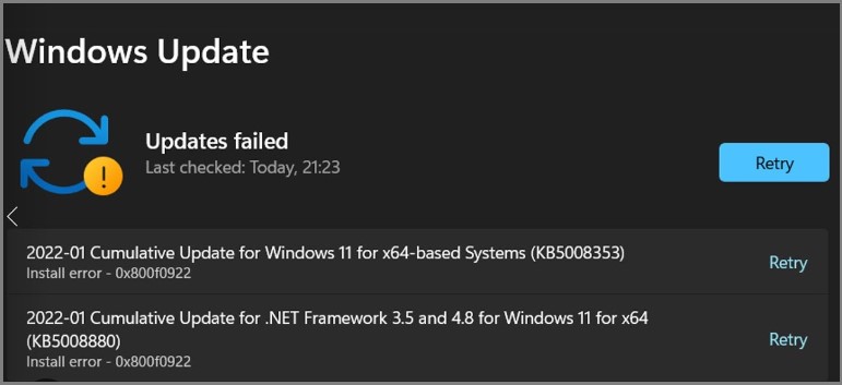 Windows 11 Update Error Code 0x800f0922