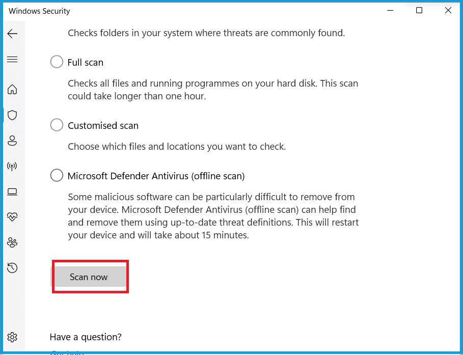 Perform Antivirus Scan to fix error code 0x800f0922